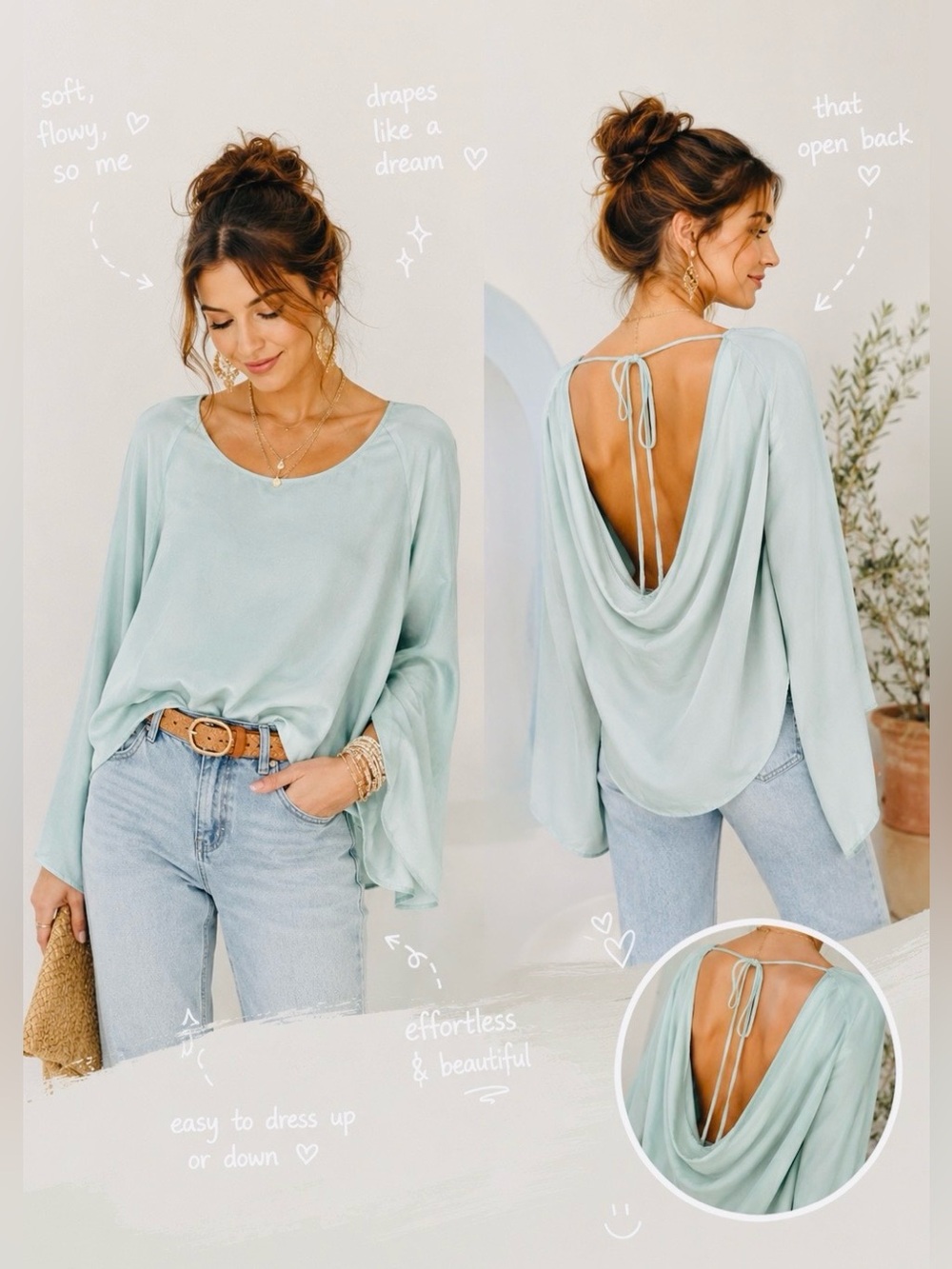 Vintage NWT ARDEN B Mint Green Flowy Open Back 90s Blouse Size S